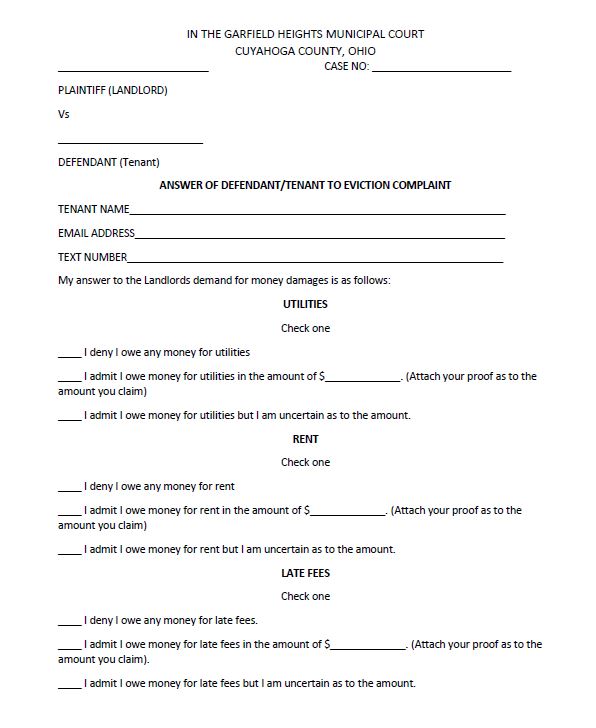 Answer of Defendant/<br>Tenant to Eviction Complaint
